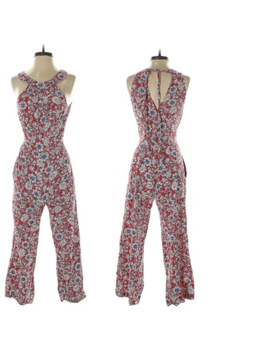 LOFT Outlet Red Floral Jumpsuit — Size 0, Sleeveless, Wide Leg